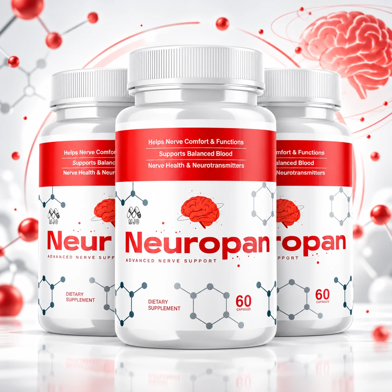 Neuropan bottle with nerve and molecule formula visualization